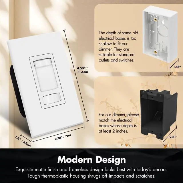 Alt view image 3 of 7 - Micmi 10 Pack Dimmer Light Switch, Single Pole/3 Way and ON/Off Slide Dimmer, 300W LED/CFL & 600W Incandescent/Halogen Compatible, Wall Plate Included, ETL Listed, White