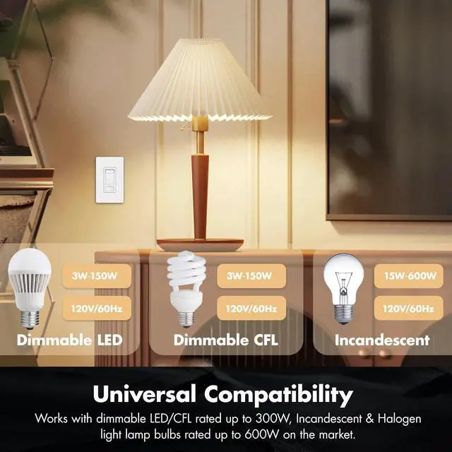 Alt view image 5 of 7 - Micmi 10 Pack Dimmer Light Switch, Single Pole/3 Way and ON/Off Slide Dimmer, 300W LED/CFL & 600W Incandescent/Halogen Compatible, Wall Plate Included, ETL Listed, White