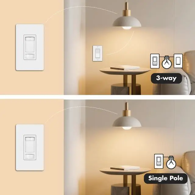 Alt view image 6 of 7 - Micmi 10 Pack Dimmer Light Switch, Single Pole/3 Way and ON/Off Slide Dimmer, 300W LED/CFL & 600W Incandescent/Halogen Compatible, Wall Plate Included, ETL Listed, White