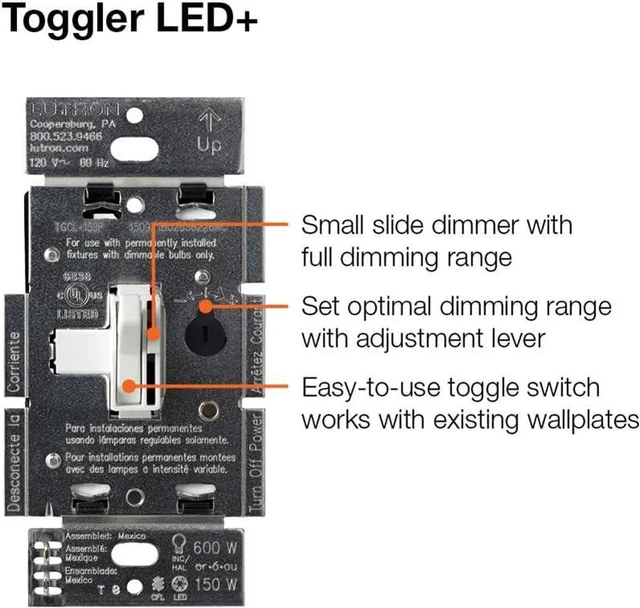 Alt view image 7 of 7 - Lutron Toggler LED+ Dimmer Switch for Dimmable LED, Halogen and Incandescent Bulbs, 250W/Single-Pole or 3-Way, AYCL-253P-BR, Brown
