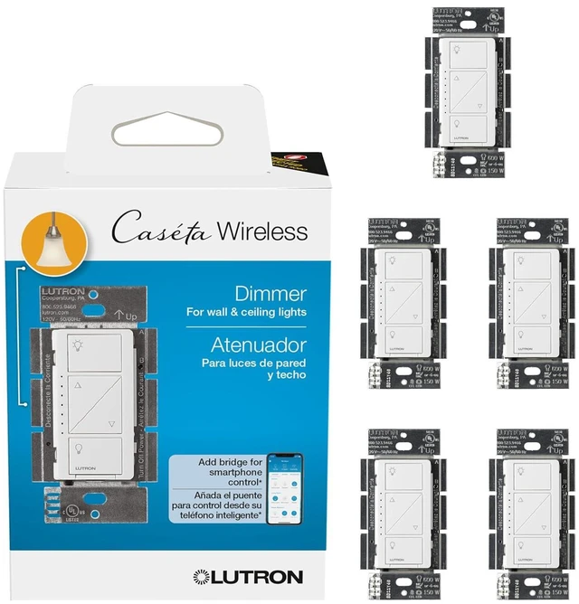 Main image of Lutron Caseta Original Smart Dimmer Switch (Lutron Smart Hub Required), for LED Lights, 150 Watt, Single-Pole/3-Way, No Neutral Required, PD-6WCL-WH, White, 5 Pack