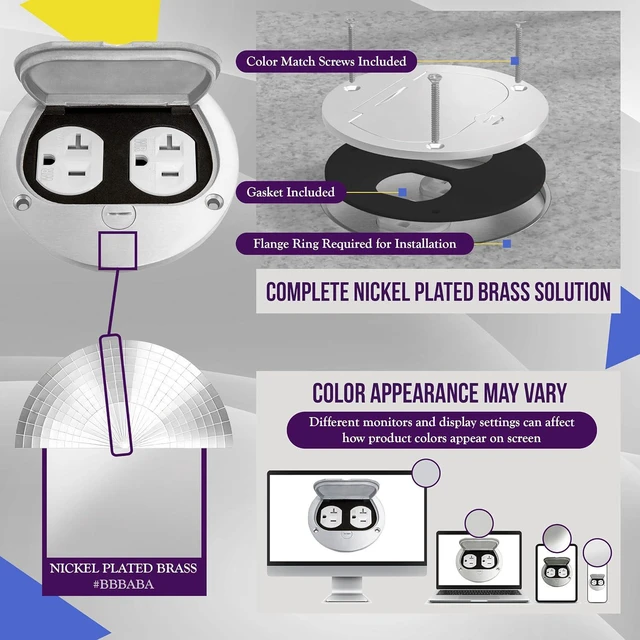 Alt view image 3 of 7 - Enerlites 975502-S 4'' Hinged Floor Box Cover Flange, 20A Duplex Tamper-Weather Resistant Receptacle, Nickel Plated Brass