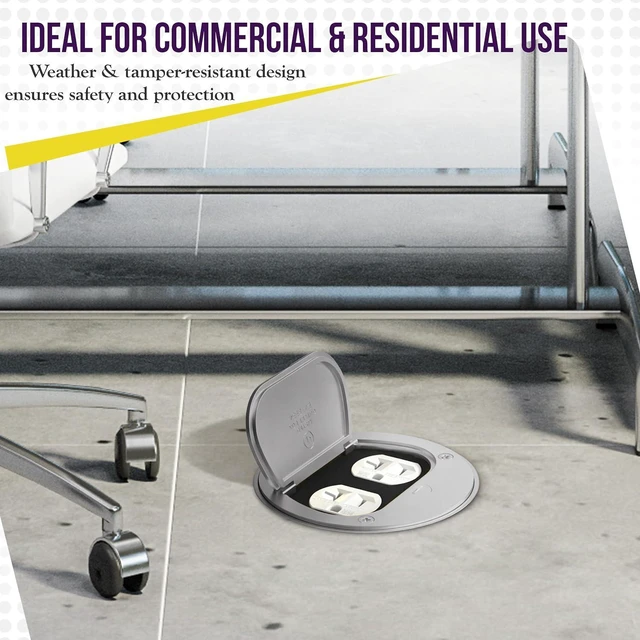 Alt view image 6 of 7 - Enerlites 975502-S 4'' Hinged Floor Box Cover Flange, 20A Duplex Tamper-Weather Resistant Receptacle, Nickel Plated Brass