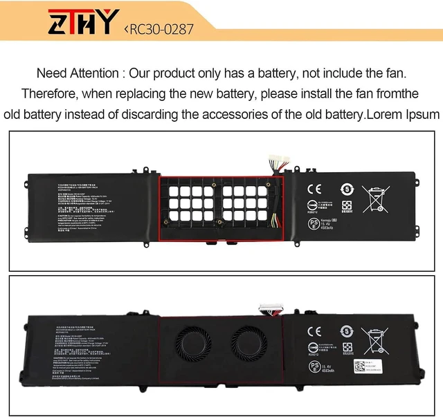 Alt view image 5 of 7 - ZTHY RC30-0287 RZ09-0287 Laptop Battery Compatible with Razer Blade Pro 17 2019 2020 RTX 2060 2080 Max-Q RZ09-02876 RZ09-02877 RZ09-02878 RZ09-02876E92-R3U1 RZ09-03295 RZ09-03297 15.4V 70.5Wh 4583mAh