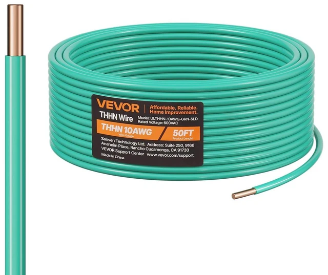 Main image of VEVOR 10 AWG Solid THHN Wire, 100% OFC Copper Electrical Building Wire with Nylon Jacket PVC Insulation, Rated for Up to 600 Volts, Heavy-Duty for Residential, Industrial, Commercial, Green (50 Feet)