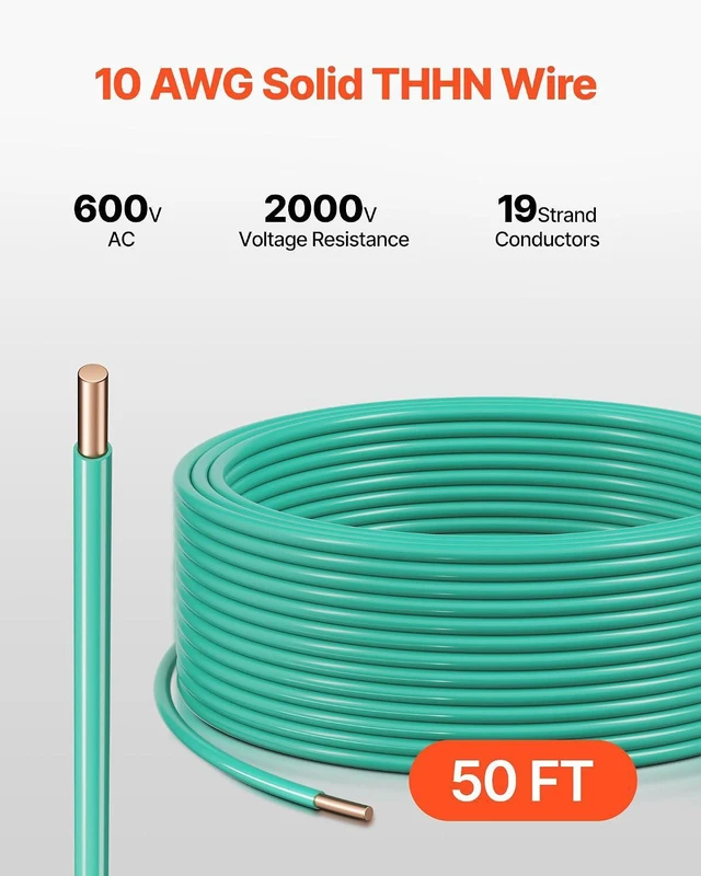 Alt view image 2 of 7 - VEVOR 10 AWG Solid THHN Wire, 100% OFC Copper Electrical Building Wire with Nylon Jacket PVC Insulation, Rated for Up to 600 Volts, Heavy-Duty for Residential, Industrial, Commercial, Green (50 Feet)