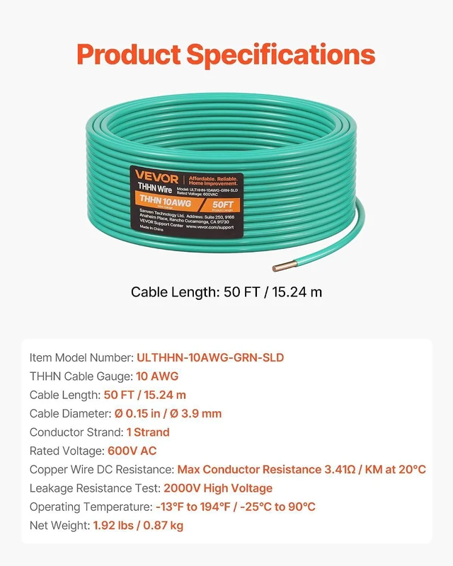 Alt view image 7 of 7 - VEVOR 10 AWG Solid THHN Wire, 100% OFC Copper Electrical Building Wire with Nylon Jacket PVC Insulation, Rated for Up to 600 Volts, Heavy-Duty for Residential, Industrial, Commercial, Green (50 Feet)