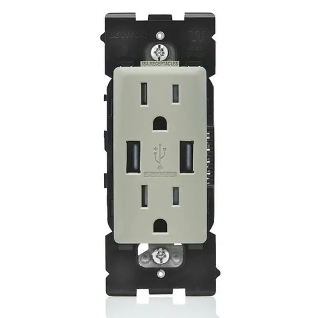 Alt view image 2 of 3 - Leviton Renu USB Outlet Kit, 15 Amp, RUAA1-KWS, Wood Smoke