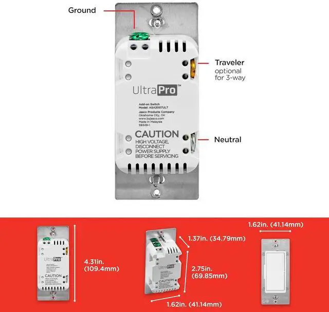 Alt view image 3 of 5 - UltraPro - QuickFit and SimpleWire Add-on Switch, In-Wall Only, Z-Wave ZigBee Wireless Smart Lighting Controls, Not a Standard Switch, 59349
