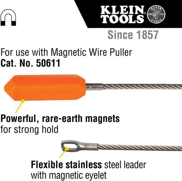 Main image of Klein Tools 50611ML Wire Puller Replacement Leader, Stainless-Steel Leader with Eyelet for Easy Wire and Cable Pulling, Rare Earth Magnet