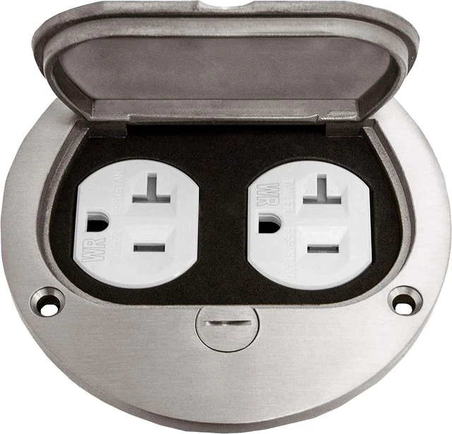 Main image of Enerlites 975502-S 4'' Hinged Floor Box Cover Flange, 20A Duplex Tamper-Weather Resistant Receptacle, Nickel Plated Brass