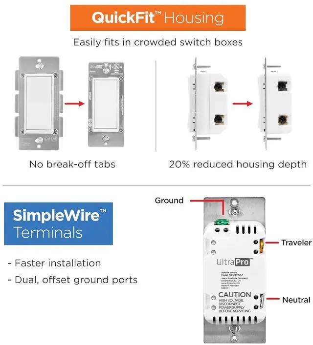 Alt view image 5 of 5 - UltraPro - QuickFit and SimpleWire Add-on Switch, In-Wall Only, Z-Wave ZigBee Wireless Smart Lighting Controls, Not a Standard Switch, 59349