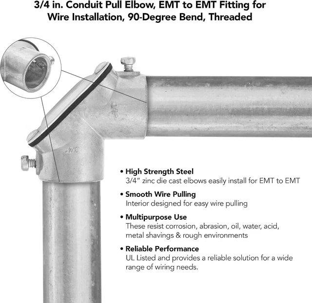 Alt view image 4 of 7 - Maxxima 3/4 in. Conduit Pull Elbow, EMT to EMT, 90-Degree, 6 Pack | Right Angle Bend, Threaded, Zinc Die Cast, For Wire Installation