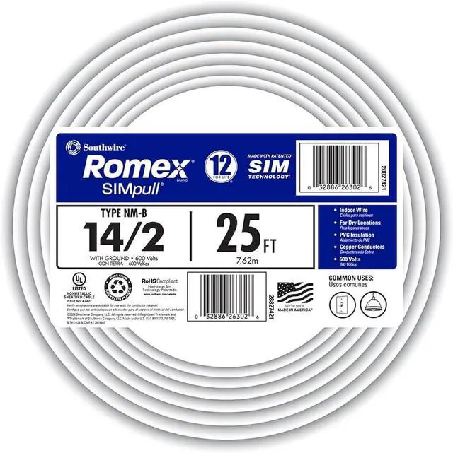 Main image of Southwire Romex Brand Simpull Solid Indoor 14/2 W/G NMB Cable 25ft Coil - SW# 28827421
