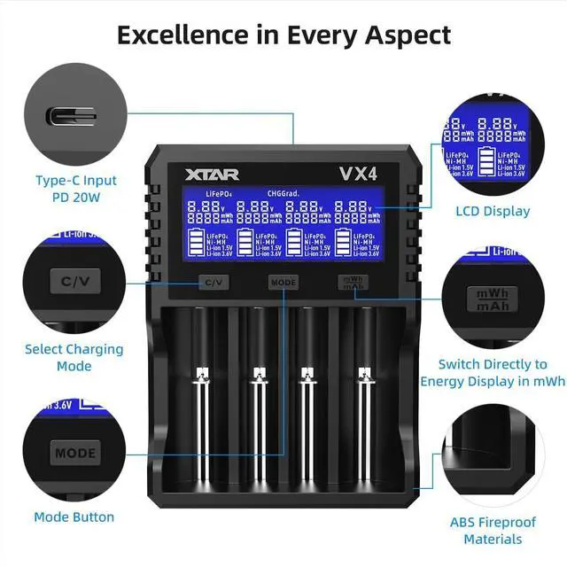Alt view image 5 of 6 - XTAR VX4 Visible Mixer 1.5V/3.6V/3.7V Li-Ion 3.2V LiFePO4 1.2V Ni-MH Batteries Charger and Battery Capacity Tester