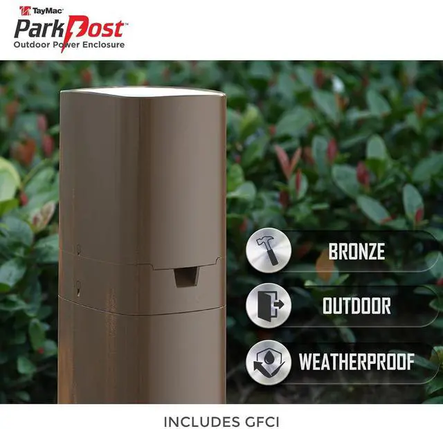 Alt view image 3 of 7 - TayMac Outdoor Comforts ParkPost 13-in. 1-Gang Bronze Weatherproof In-use Power Enclosure and TRWR GFCI Receptacle PP55GZ, Outdoor Power Stake for Garden, Weatherproof Outlet Box, Outdoor Outlet Cover