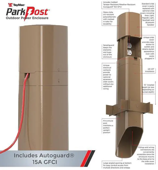 Alt view image 4 of 7 - TayMac Outdoor Comforts ParkPost 13-in. 1-Gang Bronze Weatherproof In-use Power Enclosure and TRWR GFCI Receptacle PP55GZ, Outdoor Power Stake for Garden, Weatherproof Outlet Box, Outdoor Outlet Cover