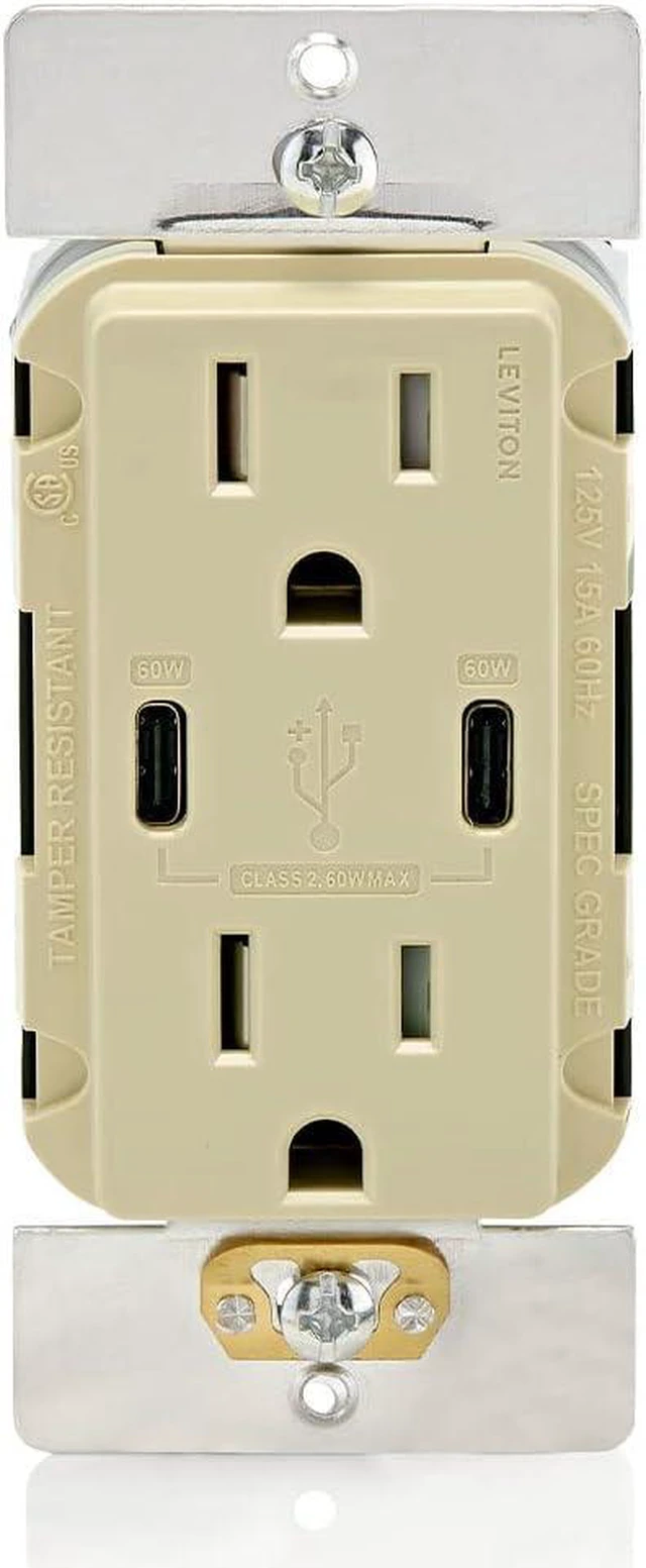 Main image of Leviton USB Dual Type-C Receptacle, 15 Amp, Tamper-Resistant, T5636-00I, Ivory