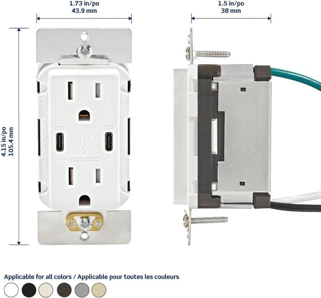 Alt view image 2 of 7 - Leviton USB Dual Type-C Receptacle, 15 Amp, Tamper-Resistant, T5636-00I, Ivory
