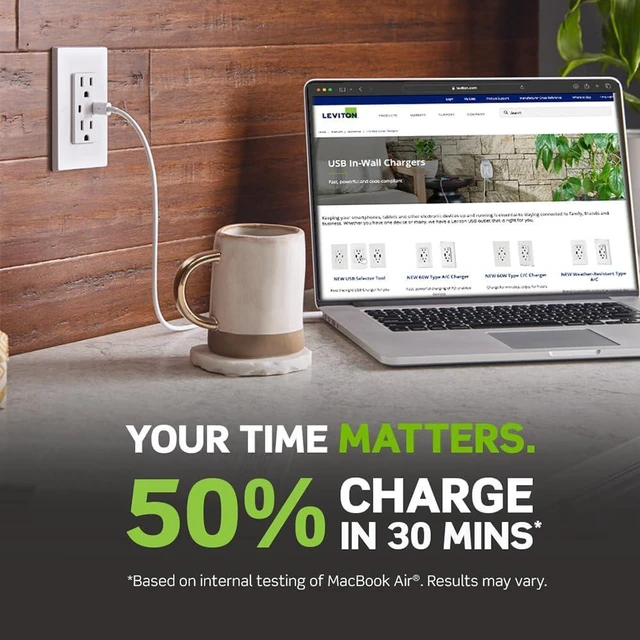 Alt view image 7 of 7 - Leviton USB Dual Type-C Receptacle, 15 Amp, Tamper-Resistant, T5636-00I, Ivory