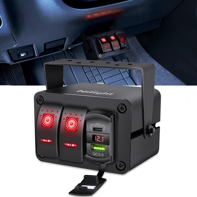 Main image of Nilight 2 Gang Rocker Switch Box 12V SPST ON Off Toggle Switches PD Type C and QC 3.0 USB Charger Voltmeter LED Light Waterproof Aluminum Mount Bracket Panel DIY Stickers for Boat Car RV Truck