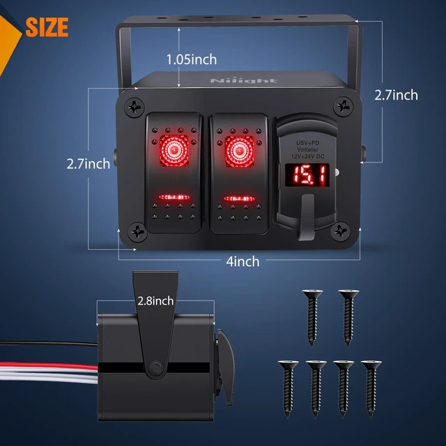 Alt view image 2 of 7 - Nilight 2 Gang Rocker Switch Box 12V SPST ON Off Toggle Switches PD Type C and QC 3.0 USB Charger Voltmeter LED Light Waterproof Aluminum Mount Bracket Panel DIY Stickers for Boat Car RV Truck