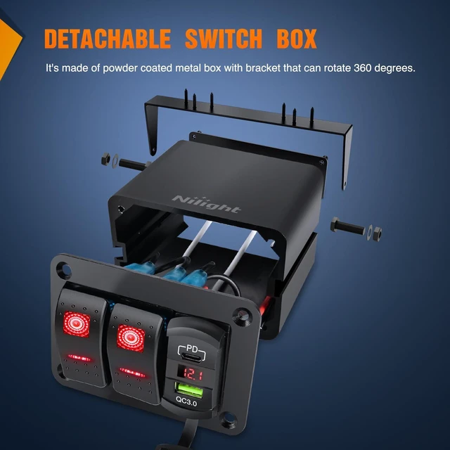 Alt view image 4 of 7 - Nilight 2 Gang Rocker Switch Box 12V SPST ON Off Toggle Switches PD Type C and QC 3.0 USB Charger Voltmeter LED Light Waterproof Aluminum Mount Bracket Panel DIY Stickers for Boat Car RV Truck