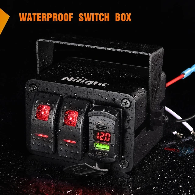 Alt view image 6 of 7 - Nilight 2 Gang Rocker Switch Box 12V SPST ON Off Toggle Switches PD Type C and QC 3.0 USB Charger Voltmeter LED Light Waterproof Aluminum Mount Bracket Panel DIY Stickers for Boat Car RV Truck