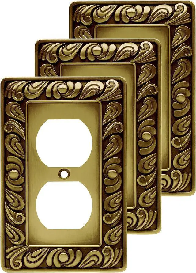 Main image of Franklin Brass 64045 Paisley Single Duplex Outlet Wall Plate/Switch Plate/Cover, Tumbled Antique Brass, 3-Pack