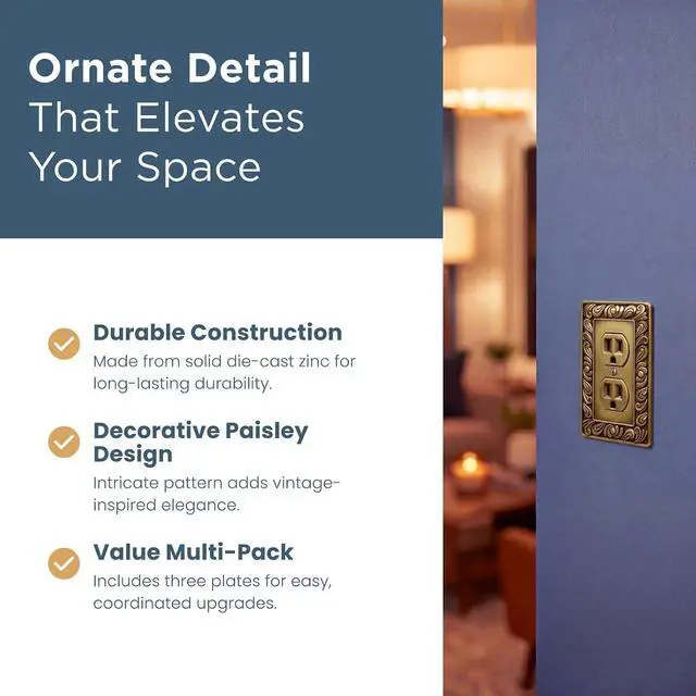 Alt view image 2 of 7 - Franklin Brass 64045 Paisley Single Duplex Outlet Wall Plate/Switch Plate/Cover, Tumbled Antique Brass, 3-Pack