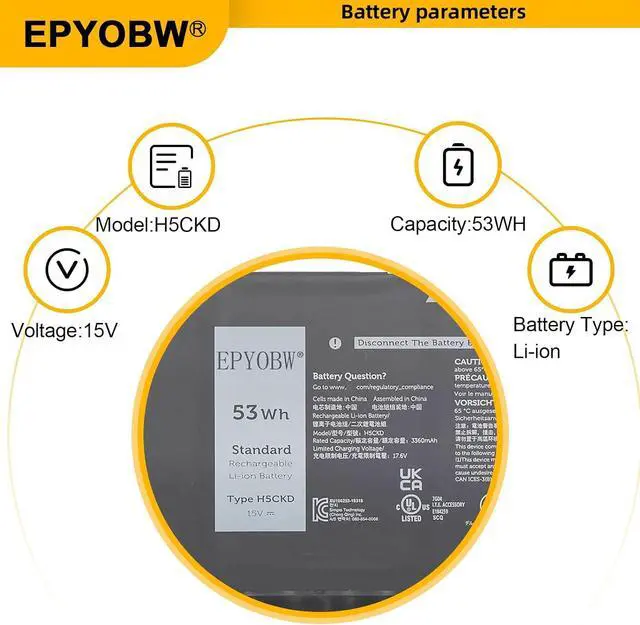Alt view image 4 of 7 - H5CKD Laptop Battery 53Wh 3360mAh 15V 0H5CKD JK6Y6 0JK6Y6