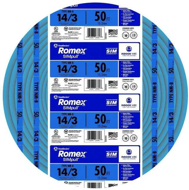 Main image of Southwire Romex SIMpull Wire, 14 Gauge, 3 Conductor, 50 Ft, W/G NM-B Cable, Blue, 63946922