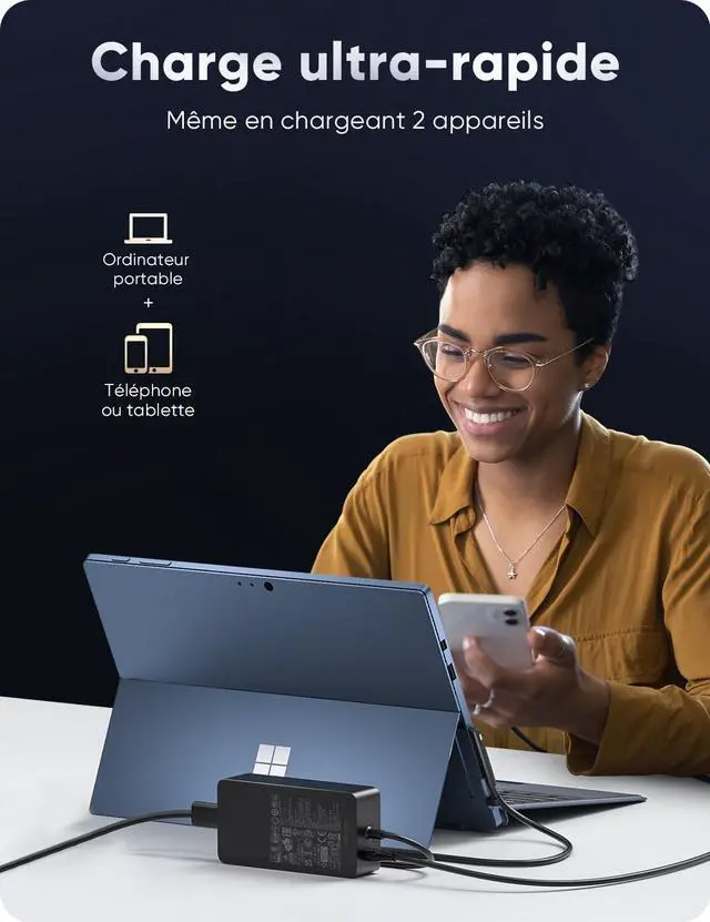 Alt view image 4 of 7 - 65W Surface Pro Charger,Microsoft Surface Charger for Surface Pro 11/10/9/8/7+/7/6/5/4/3, Surface Laptop 7/6/5/4/3/2/1, Surface Book 3/2/1, Surface Go 4/3/2/1, Surface LaptopGo, Support 44W 39W 36W