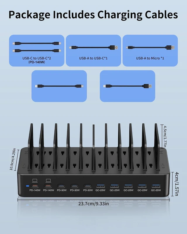 Alt view image 5 of 7 - 495W Charging Station for Multiple Devices, 10-Port USB C Fast Charger Station, Dual 140W PD3.1 PPS Charging Dock with Adjustable Dividers & 6 Cables - for Laptop MacBook, iPhone, iPad