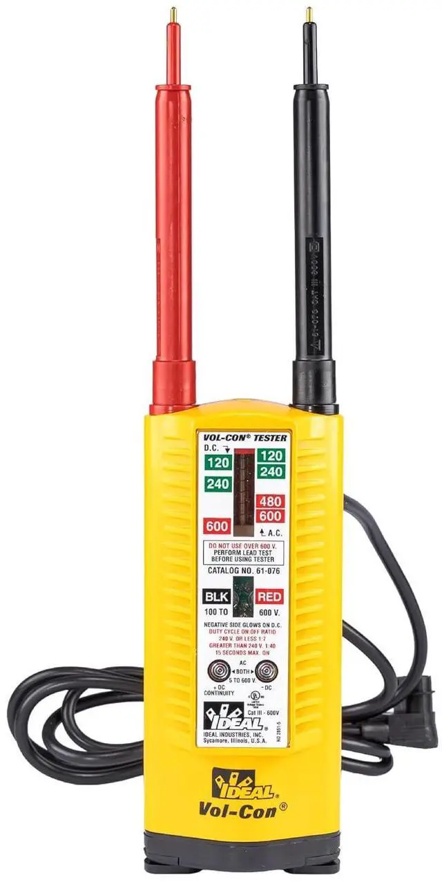 Main image of Ideal Electrical 61-076 Vol-Con Solenoid Voltage Tester, Continuity Tester, Vibration Mode, AC/DC Voltage Detection, CAT III 600V, Low Impedance, Replaceable Leads, Yellow