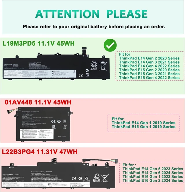 Alt view image 2 of 7 - 45WH L19M3PD5 L19C3PD5 Laptop Battery Compatible with Lenovo ThinkPad E14 E15 Gen 2 Gen 3/4 Series L19D3PD5 L19L3PD5 L20C3PD4 L20M3PD4 L20D3PD4 L20L3PD4 5B10X02600 5B10X02606