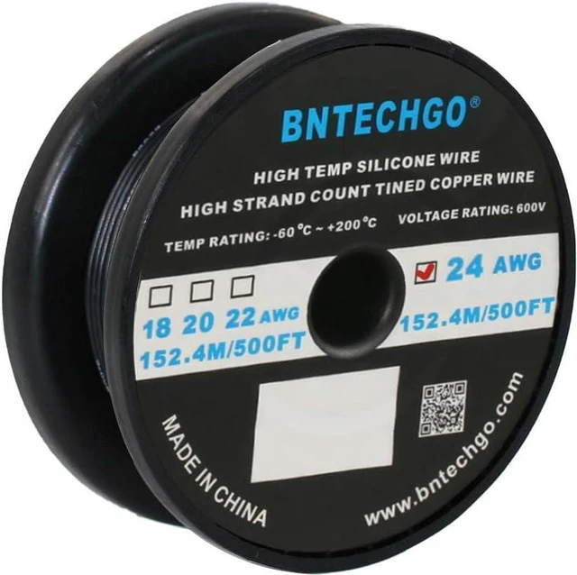 Main image of BNTECHGO 24 Gauge Silicone Wire Spool 500 ft Black Flexible 24 AWG Stranded Tinned Copper Wire