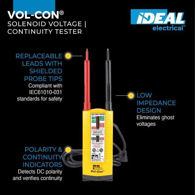 Alt view image 2 of 7 - Ideal Electrical 61-076 Vol-Con Solenoid Voltage Tester, Continuity Tester, Vibration Mode, AC/DC Voltage Detection, CAT III 600V, Low Impedance, Replaceable Leads, Yellow