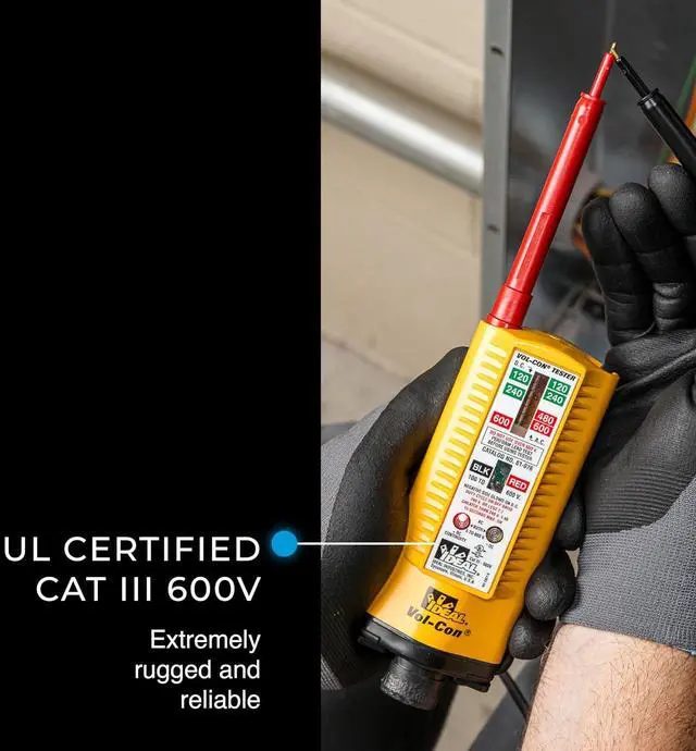 Alt view image 3 of 7 - Ideal Electrical 61-076 Vol-Con Solenoid Voltage Tester, Continuity Tester, Vibration Mode, AC/DC Voltage Detection, CAT III 600V, Low Impedance, Replaceable Leads, Yellow