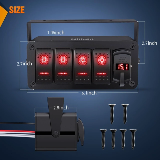Alt view image 2 of 7 - Nilight 4 Gang Rocker Switch Box 12V SPST ON Off Toggle Switches PD Type C and QC 3.0 USB Charger Voltmeter LED Light Waterproof Aluminum Mount Bracket Panel DIY Stickers for Boat Car RV Truck