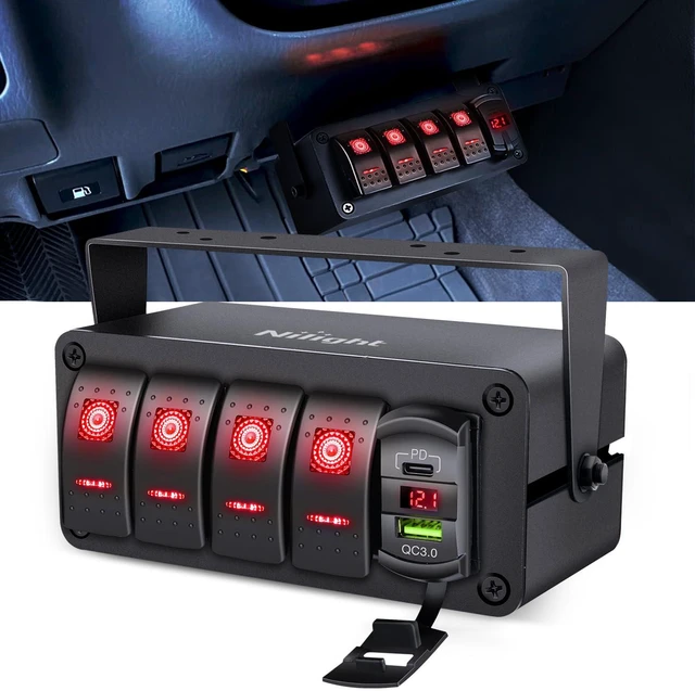 Main image of Nilight 4 Gang Rocker Switch Box 12V SPST ON Off Toggle Switches PD Type C and QC 3.0 USB Charger Voltmeter LED Light Waterproof Aluminum Mount Bracket Panel DIY Stickers for Boat Car RV Truck