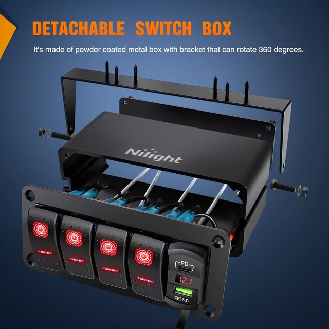 Alt view image 5 of 7 - Nilight 4 Gang Rocker Switch Box 12V SPST ON Off Toggle Switches PD Type C and QC 3.0 USB Charger Voltmeter LED Light Waterproof Aluminum Mount Bracket Panel DIY Stickers for Boat Car RV Truck