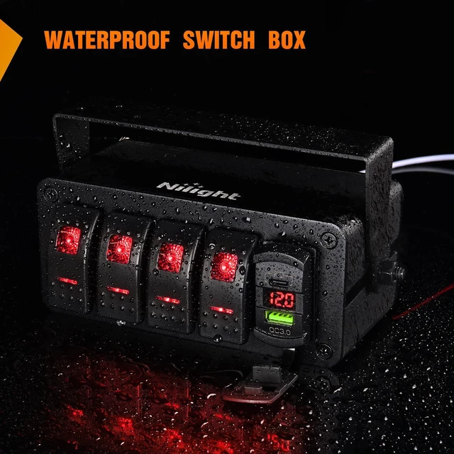 Alt view image 7 of 7 - Nilight 4 Gang Rocker Switch Box 12V SPST ON Off Toggle Switches PD Type C and QC 3.0 USB Charger Voltmeter LED Light Waterproof Aluminum Mount Bracket Panel DIY Stickers for Boat Car RV Truck