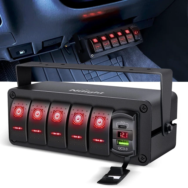 Main image of Nilight 5 Gang Rocker Switch Box 12V SPST ON Off Toggle Switches PD Type C and QC 3.0 USB Charger Voltmeter LED Light Waterproof Aluminum Mount Bracket Panel DIY Stickers for Boat Car RV Truck