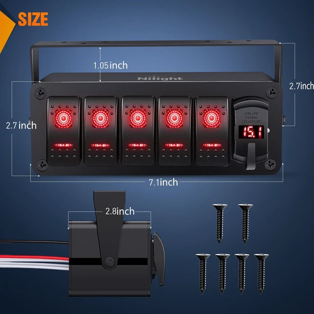 Alt view image 2 of 7 - Nilight 5 Gang Rocker Switch Box 12V SPST ON Off Toggle Switches PD Type C and QC 3.0 USB Charger Voltmeter LED Light Waterproof Aluminum Mount Bracket Panel DIY Stickers for Boat Car RV Truck
