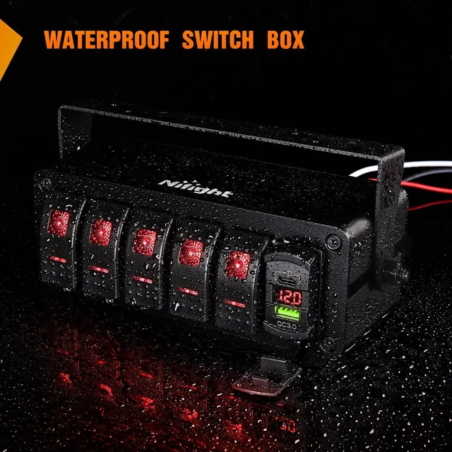 Alt view image 7 of 7 - Nilight 5 Gang Rocker Switch Box 12V SPST ON Off Toggle Switches PD Type C and QC 3.0 USB Charger Voltmeter LED Light Waterproof Aluminum Mount Bracket Panel DIY Stickers for Boat Car RV Truck