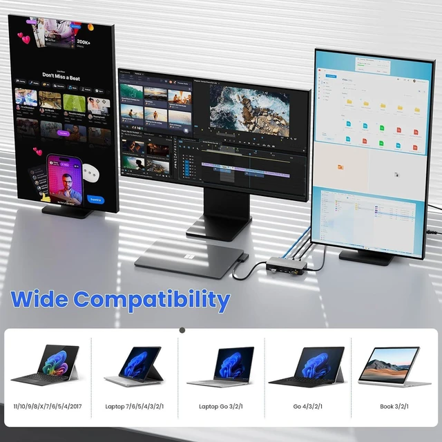 Alt view image 6 of 7 - 12-in-1 Surface Docking Station with 72W Power Adapter, Triple Displays, Dual 4K HDMI + VGA, Ethernet, USB Hub, SD/TF Card Reader, Compatible with Surface Pro/Laptop/Book