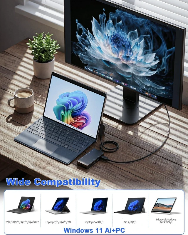 Alt view image 4 of 7 - 10-in-1 Surface Docking Station for Surface Pro & Laptop, 4K@60Hz HDMI, USB-C & USB 3.0 Ports, SD/TF Card Reader, Gigabit Ethernet, PD Charging, Magnetic Surface Connect