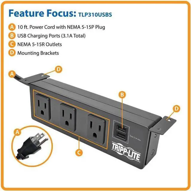Alt view image 5 of 7 - Tripp Lite TLP310USBS Computer Surge Protector, Black