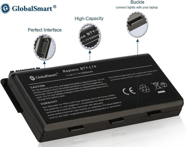 Alt view image 2 of 7 - GlobalSmart MS-1681 MS-1731 BTY-L74 91NMS17LD4SU1 BTY-L75 Notebook/Laptop Battery for MSI A5000 A6000 A6005 A6200 A6203 A7005 111V 5200mAh 6Cell High Performance New Replacement Battery Black